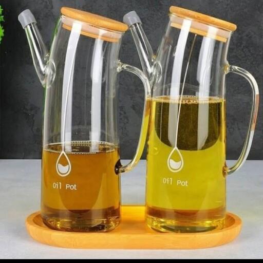 جاروغنی پیرکس درب بامبو 1 لیتری با کیفیت برای نگهداری و استفاده راحت تر و بهینه تر از روغن های خوراکی روغن ریز  1عددی